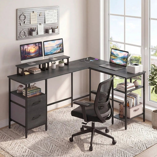 L Shaped Desk with Power Outlet Monitor Stands