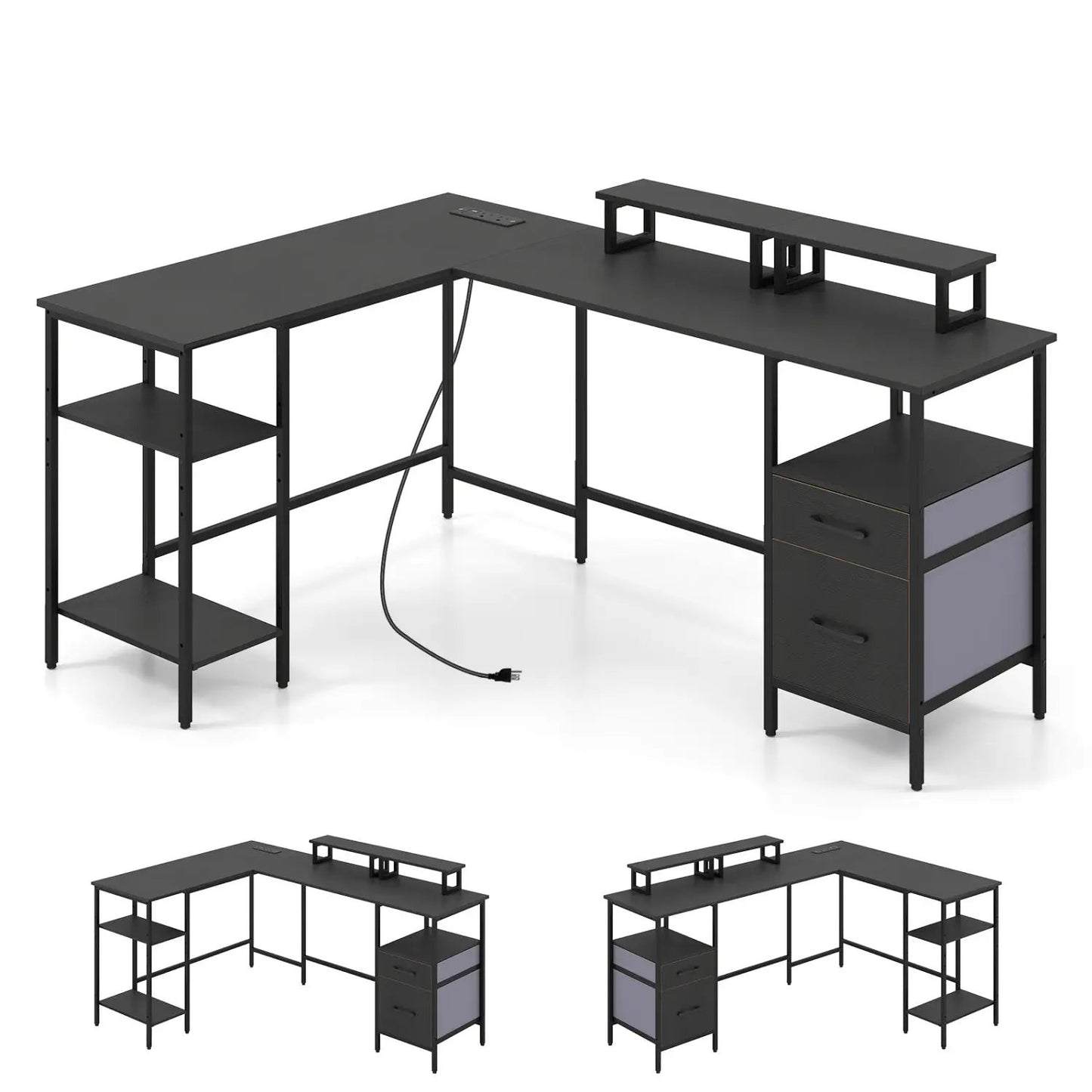 L Shaped Desk with Power Outlet Monitor Stands