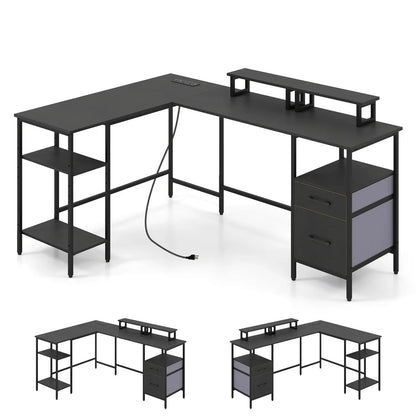L Shaped Desk with Power Outlet Monitor Stands