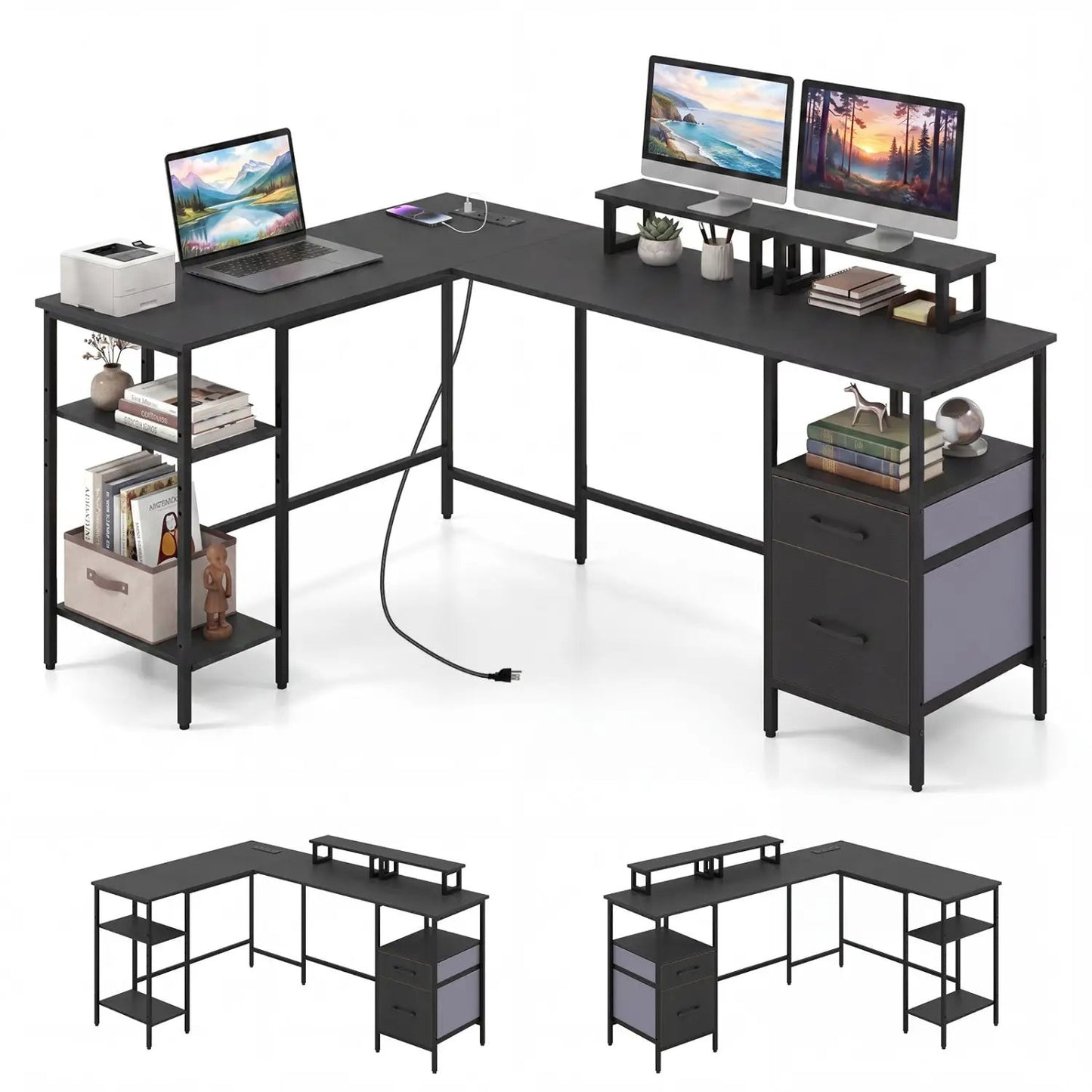 L Shaped Desk with Power Outlet Monitor Stands