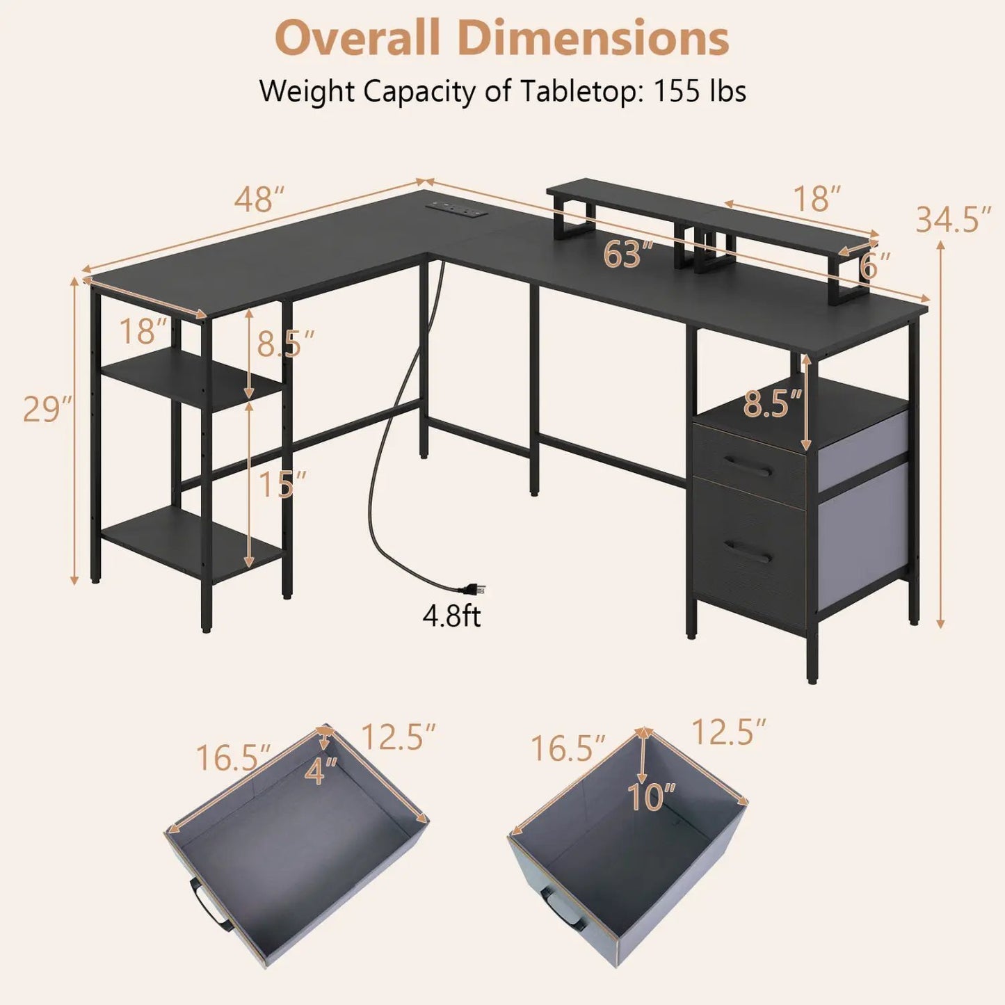 L Shaped Desk with Power Outlet Monitor Stands