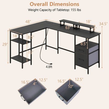 L Shaped Desk with Power Outlet Monitor Stands