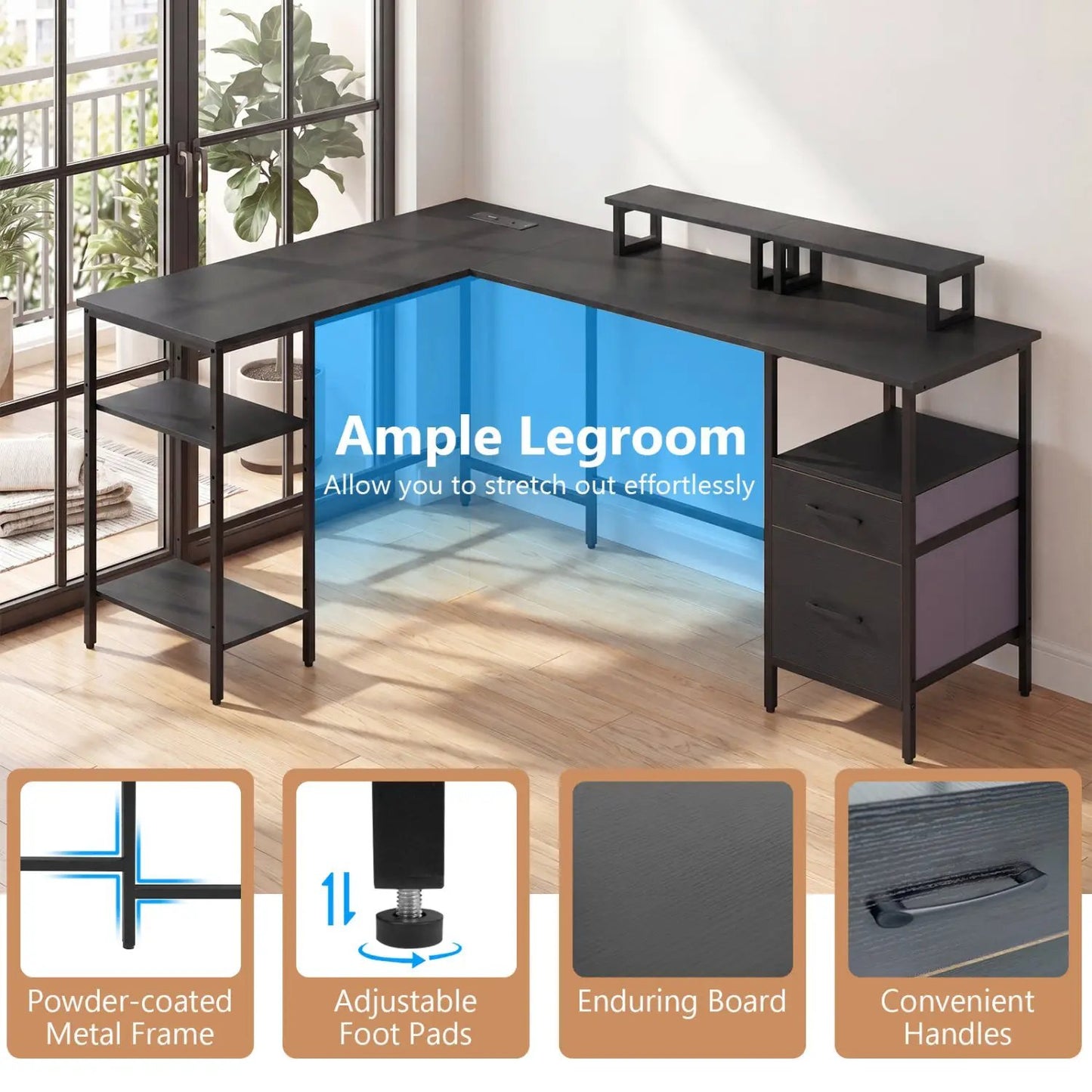 L Shaped Desk with Power Outlet Monitor Stands