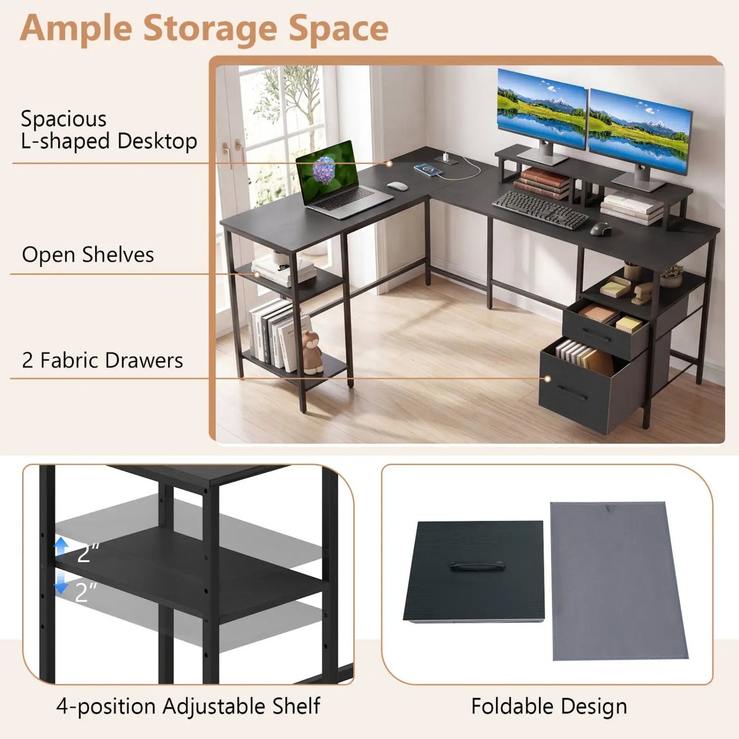 L Shaped Desk with Power Outlet Monitor Stands