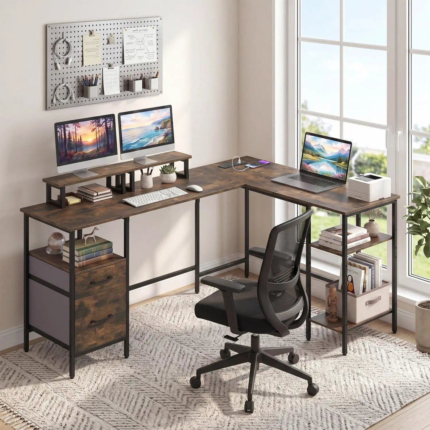 L Shaped Desk with Outlet and Monitor Stands