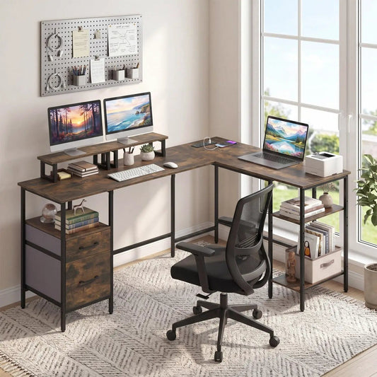 L-Shaped Desk with Power Outlet and Monitor Stands DirectDeals, dark wood top, black metal frame on Tampa Home & Garden Store