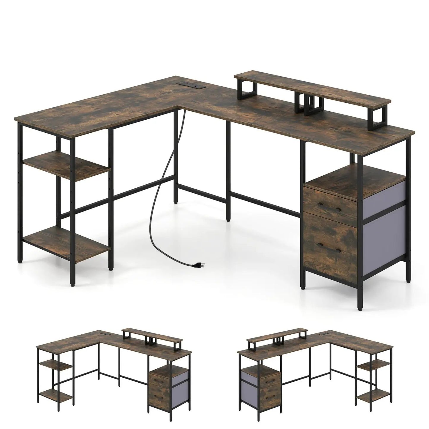 L Shaped Desk with Outlet and Monitor Stands