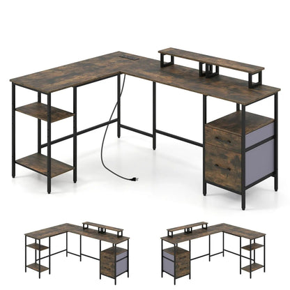 L Shaped Desk with Outlet and Monitor Stands