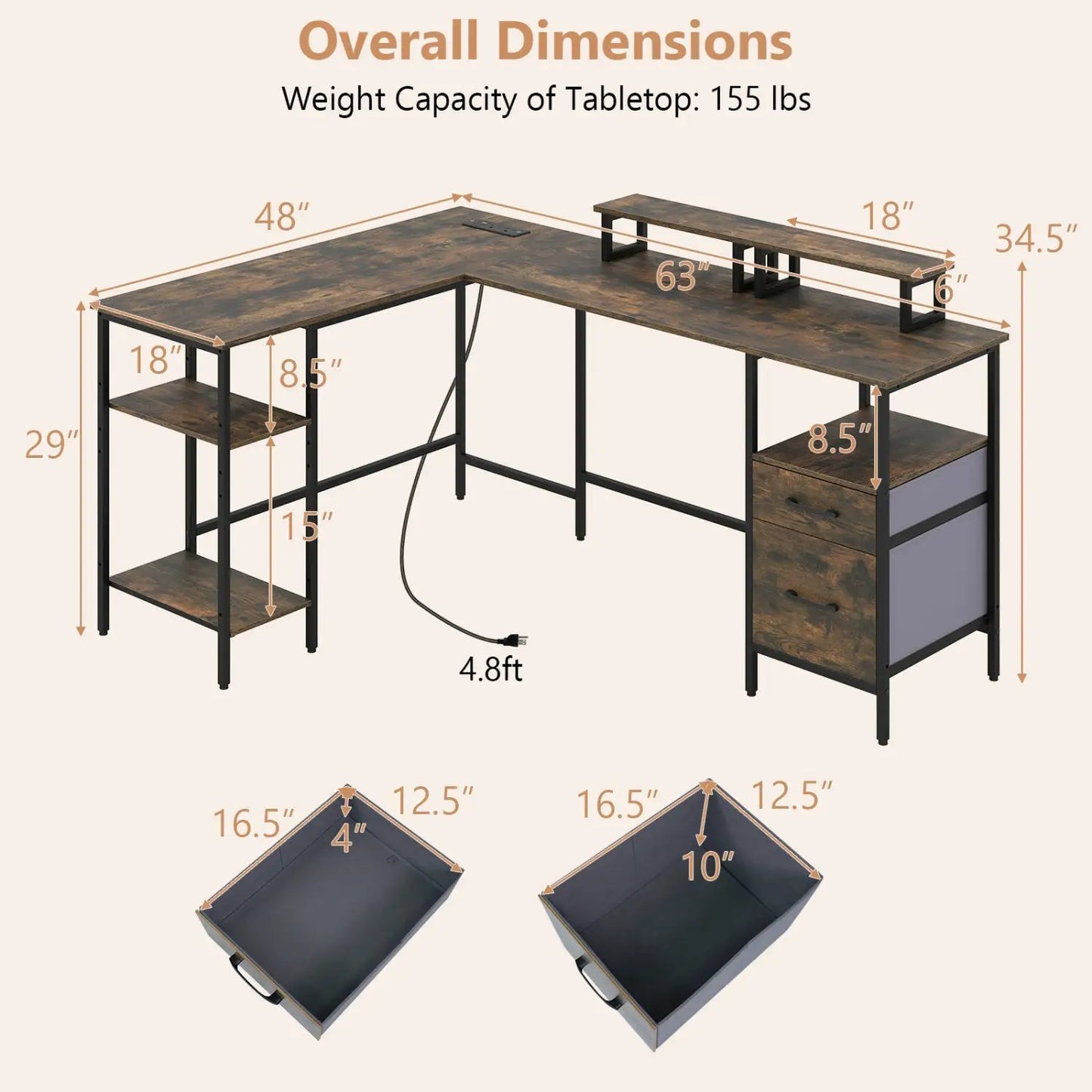 L Shaped Desk with Outlet and Monitor Stands