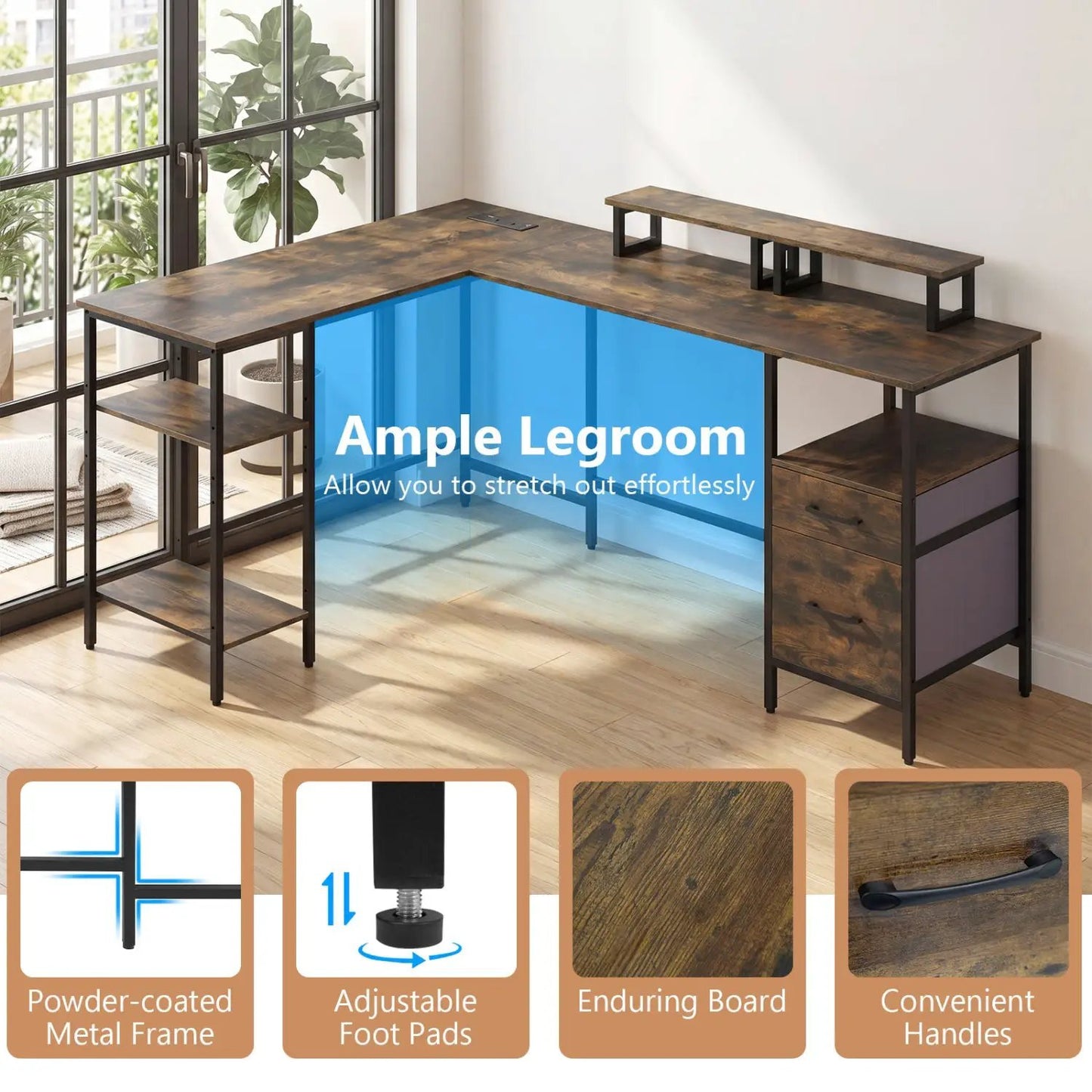 L Shaped Desk with Outlet and Monitor Stands