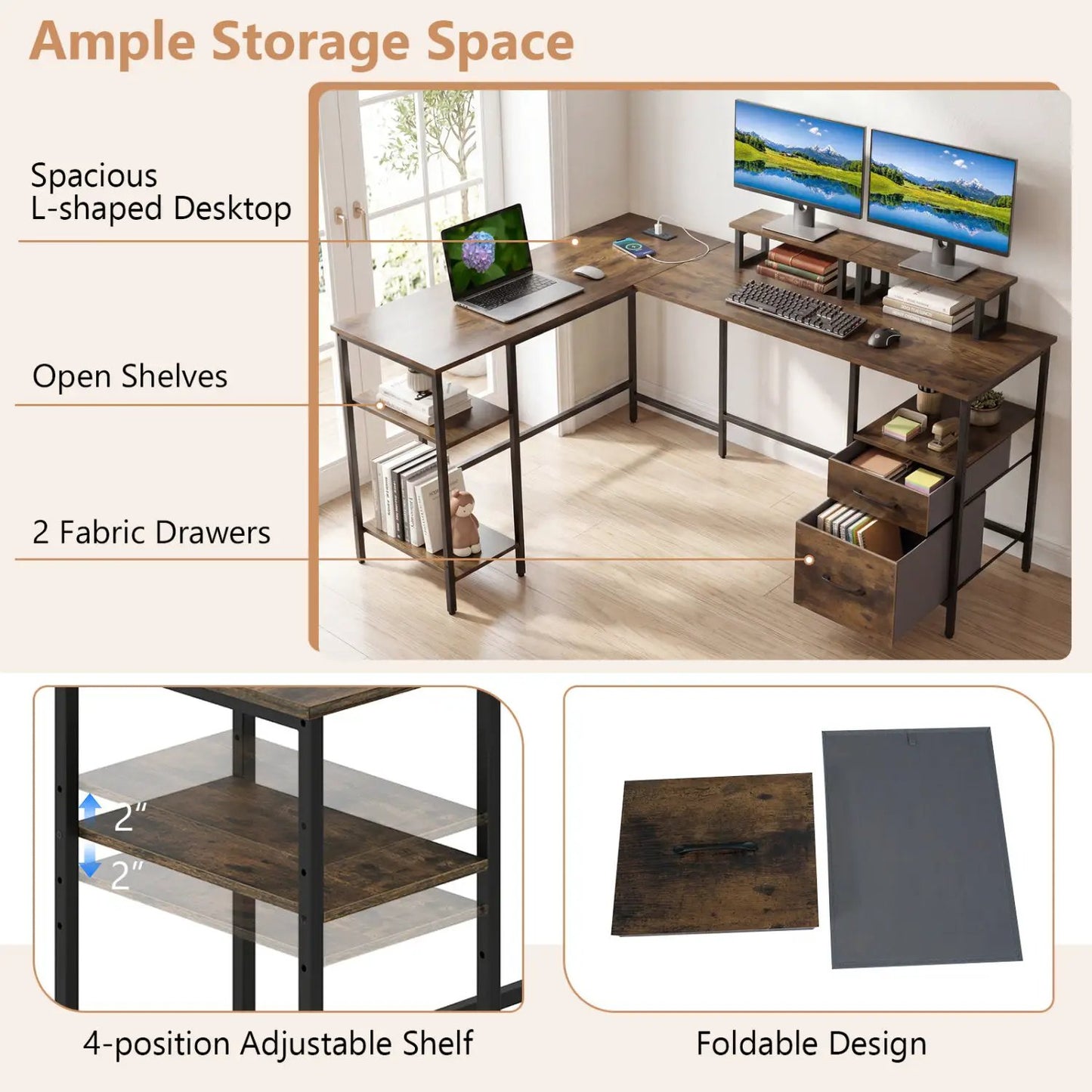 L Shaped Desk with Outlet and Monitor Stands