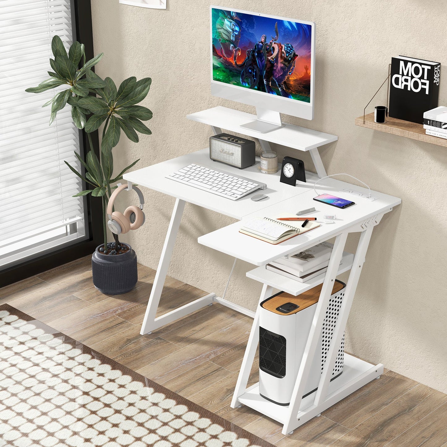 L Shaped Gaming Desk with Outlets and USB Ports