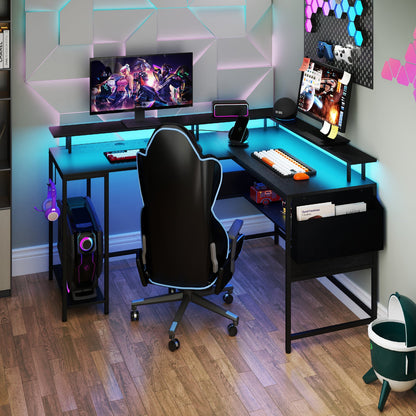 L-Shaped Gaming Desk with LED Lights and Power Outlets Home Office Computer Desk