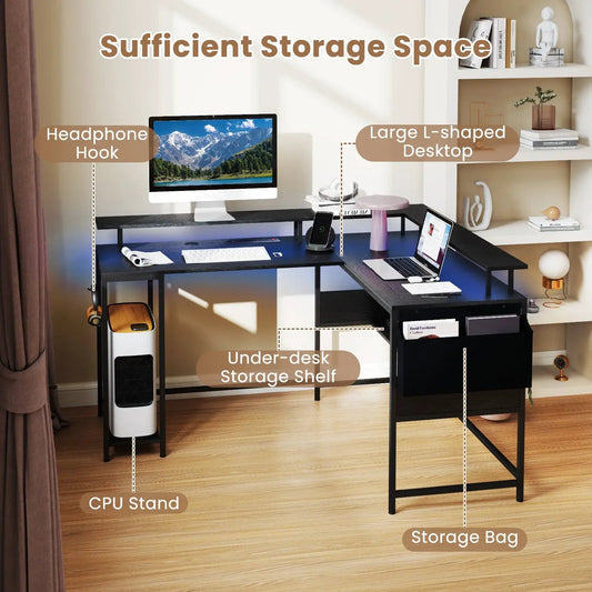 L-shaped gaming desk with LED lights and outlets, black frame, under-desk shelf by DirectDeals on Tampa Home & Garden Store
