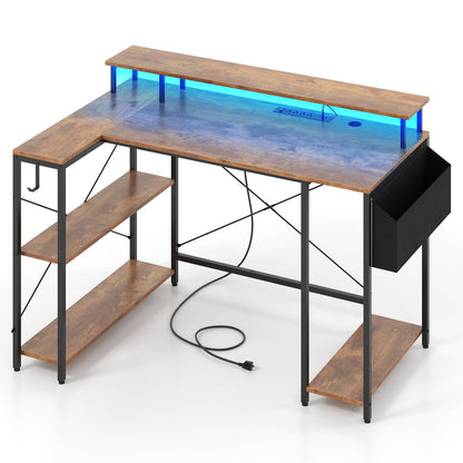 L-Shaped Gaming Desk with LED Lights and Power Outlets