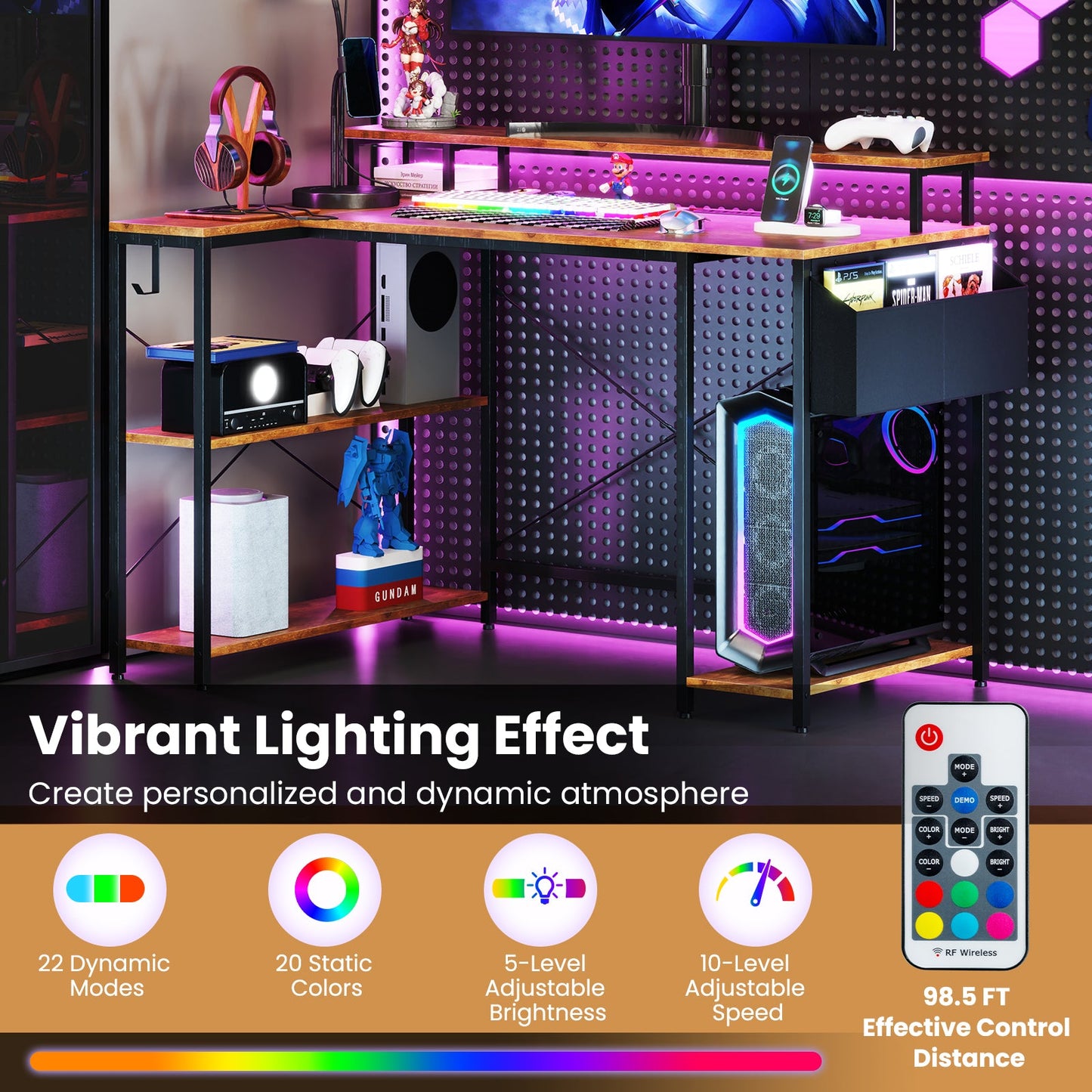 L-Shaped Gaming Desk with LED Lights and Power Outlets