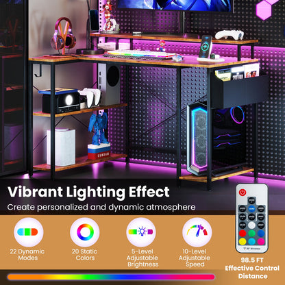 L-Shaped Gaming Desk with LED Lights and Power Outlets
