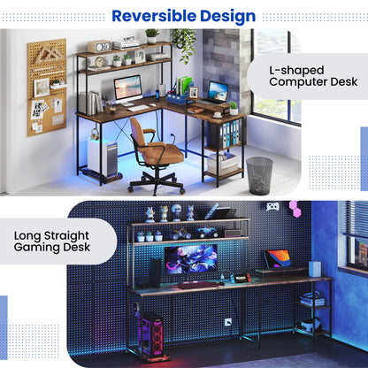 Escritorio de juegos reversible en forma de L con tira de LED y tomas de corriente, soporte para monitor y estante, marrón rústico