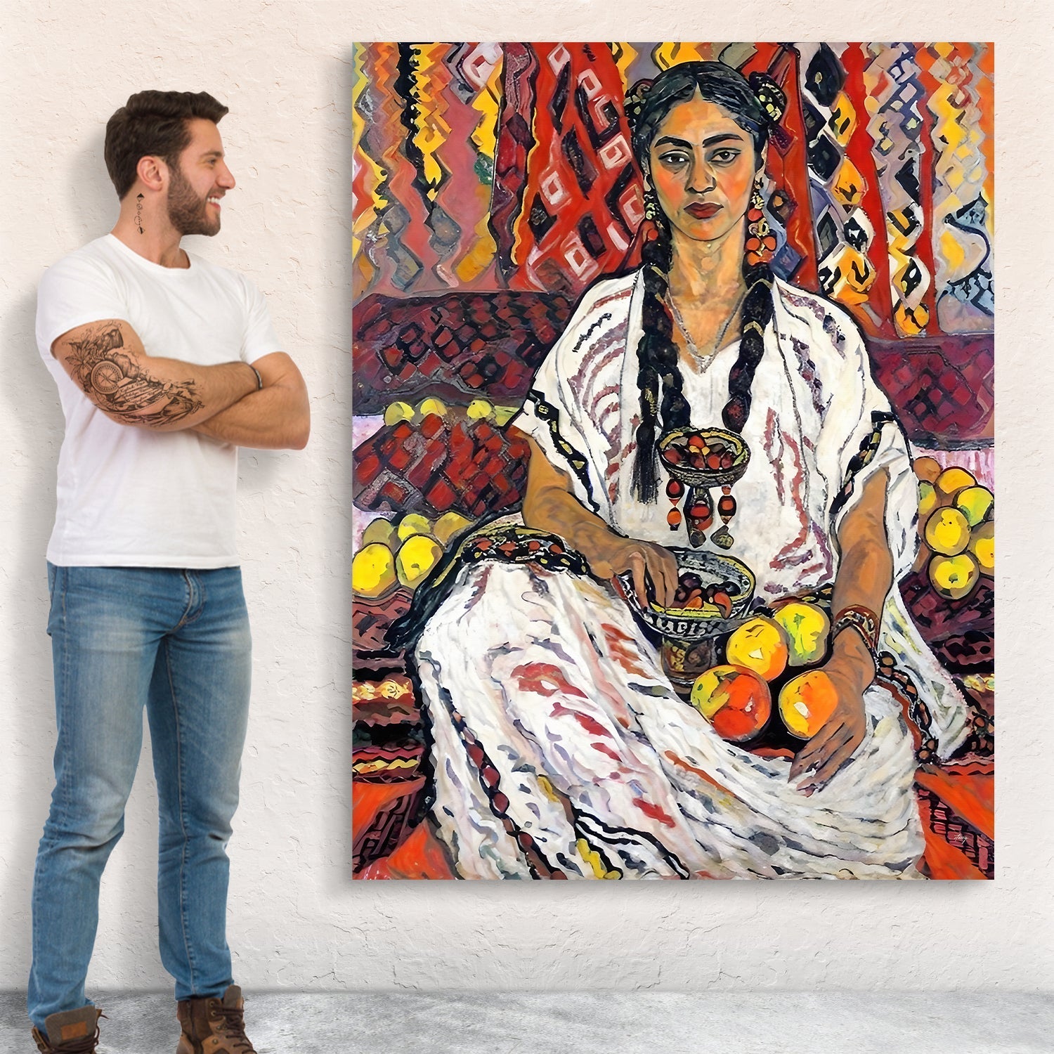 Canvas Print Lady Her by Tailored Canvases, portrait of a white-dressed woman with braids on Tampa Home & Garden Store