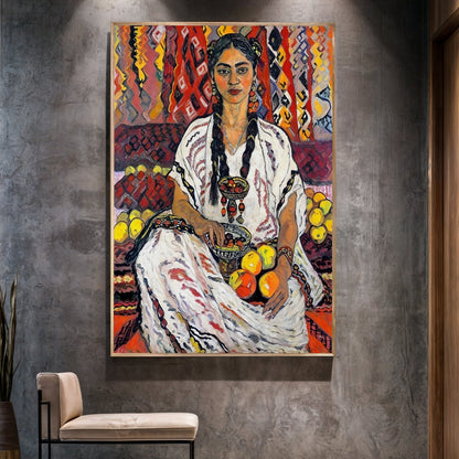 Canvas Print Lady Her by Tailored Canvases, vibrant portrait with colorful patterned backdrop on Tampa Home & Garden Store