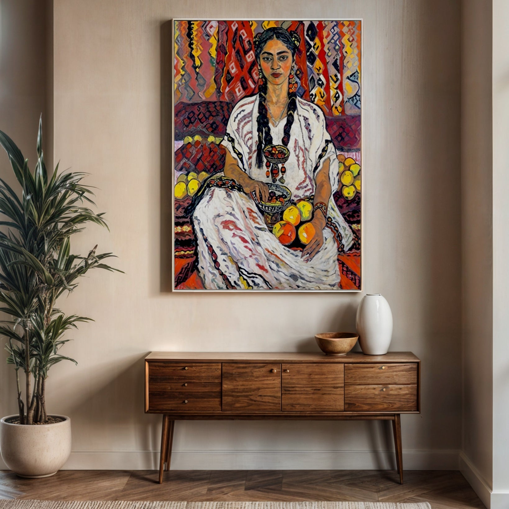 Canvas Print Lady Her Tailored Canvases; woman in white with braids holding fruit, backdrop on Tampa Home & Garden Store
