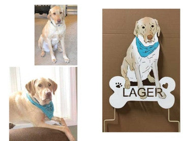 Pet Portraits from Photos two tan dogs with blue bandanas and a bone sign by Rustica Ornamentals on Tampa Home & Garden Store