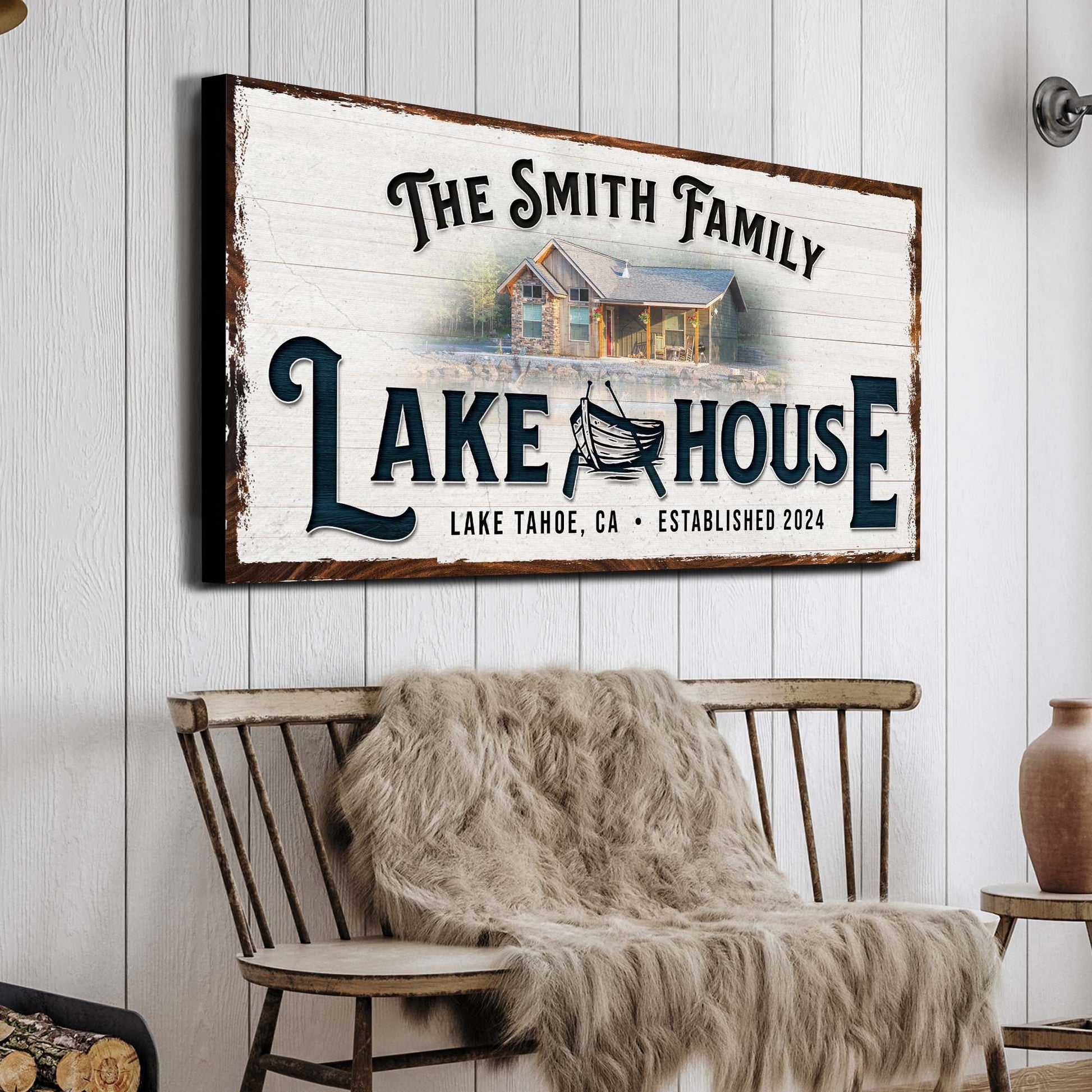Personalized Lake House Sign canvas with rustic white wood, large LAKE HOUSE text and canoe graphic on Tampa Home & Garden Store