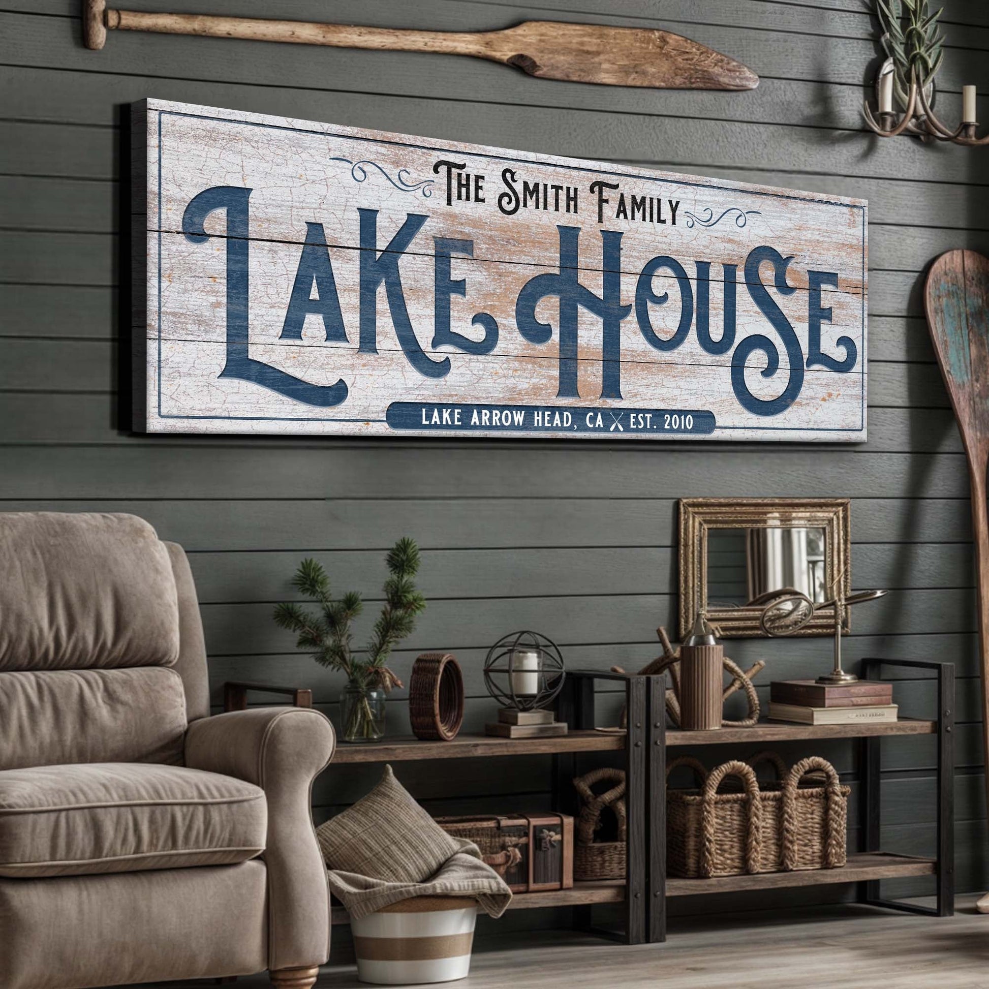 Tailored Canvases canvas Lake House Sign III with The Smith Family on weathered wood blue text on Tampa Home & Garden Store