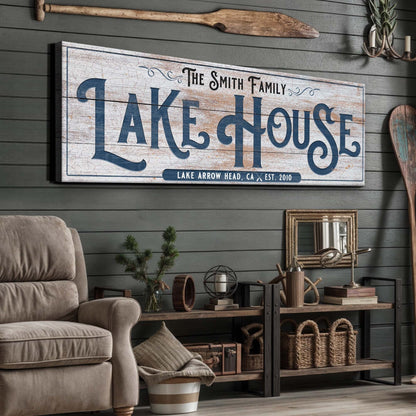 Tailored Canvases canvas Lake House Sign III with The Smith Family on weathered wood blue text on Tampa Home & Garden Store