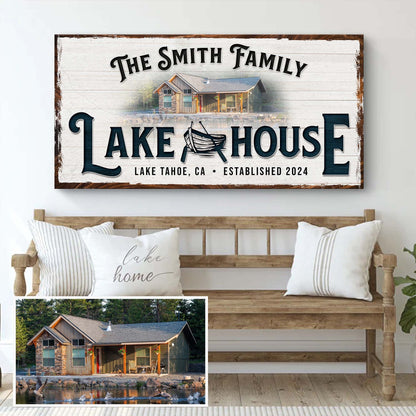 Canvas sign Personalized Lake House with rustic white wood backdrop by Tailored Canvases on Tampa Home & Garden Store