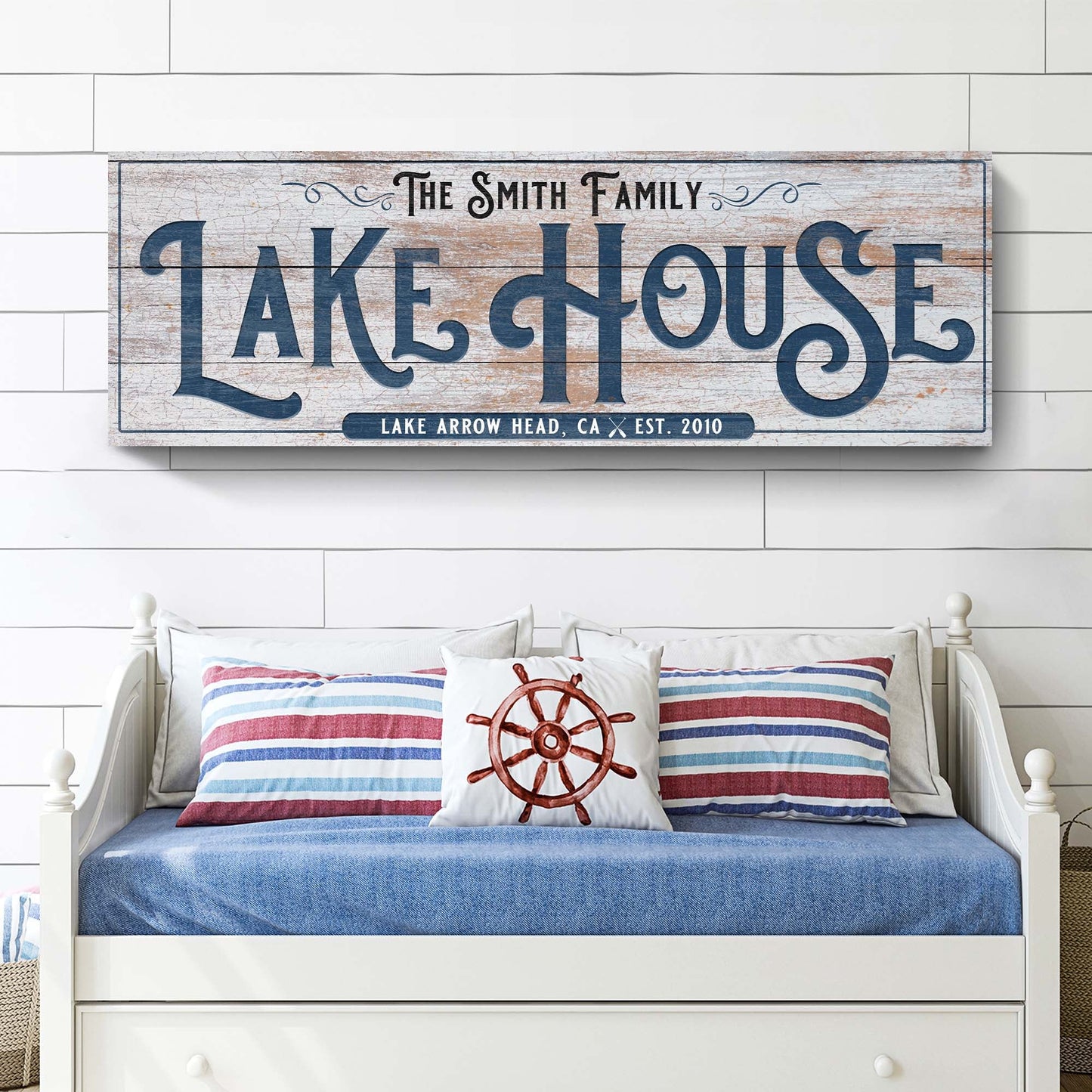 Personalized Lake House Sign III canvas by Tailored Canvases with blue lettering on wood on Tampa Home & Garden Store