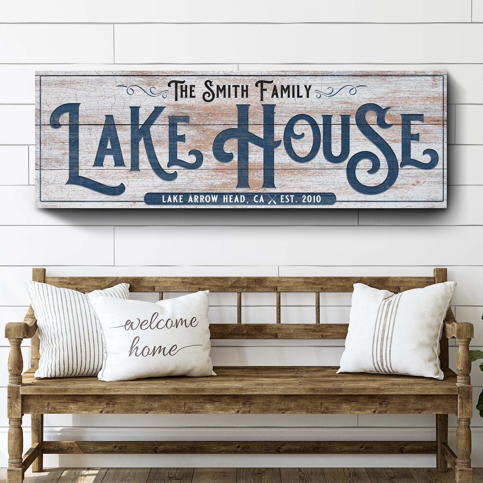 Personalized Lake House Sign III canvas by Tailored Canvases blue LAKE HOUSE on rustic wood on Tampa Home & Garden Store
