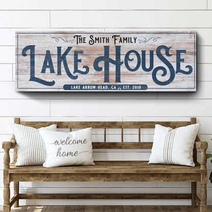 Personalized Lake House Sign III canvas by Tailored Canvases blue LAKE HOUSE on rustic wood on Tampa Home & Garden Store