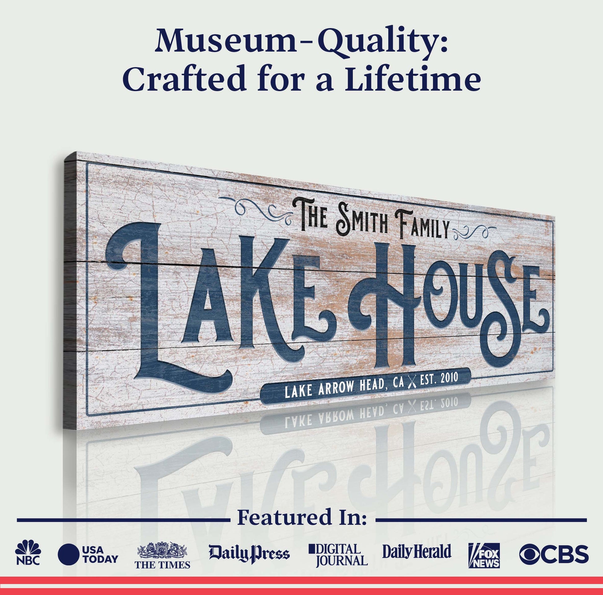 Personalized Lake House Sign III canvas by Tailored Canvases; wood backdrop with lettering on Tampa Home & Garden Store