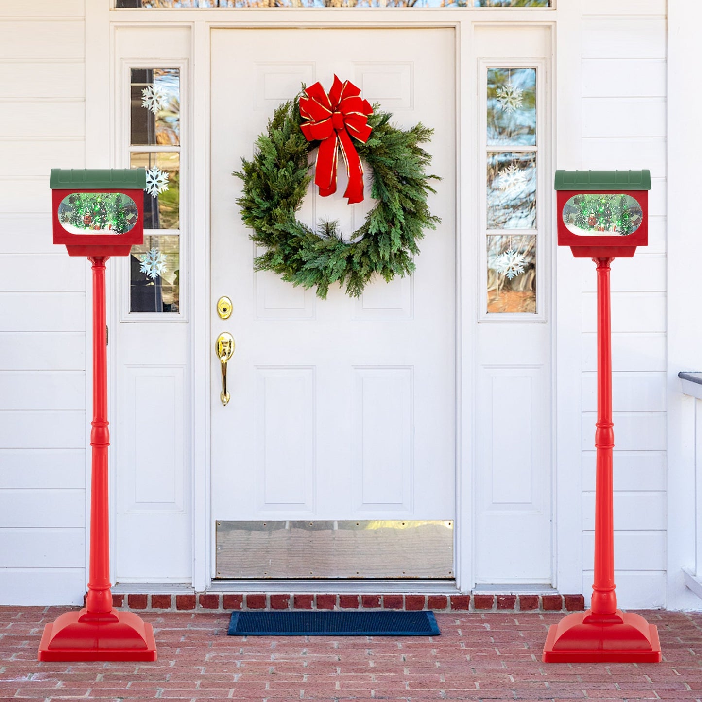 Pair of 59 inch Christmas street lamps with sound-activated red snow globe lanterns on Tampa Home & Garden Store
