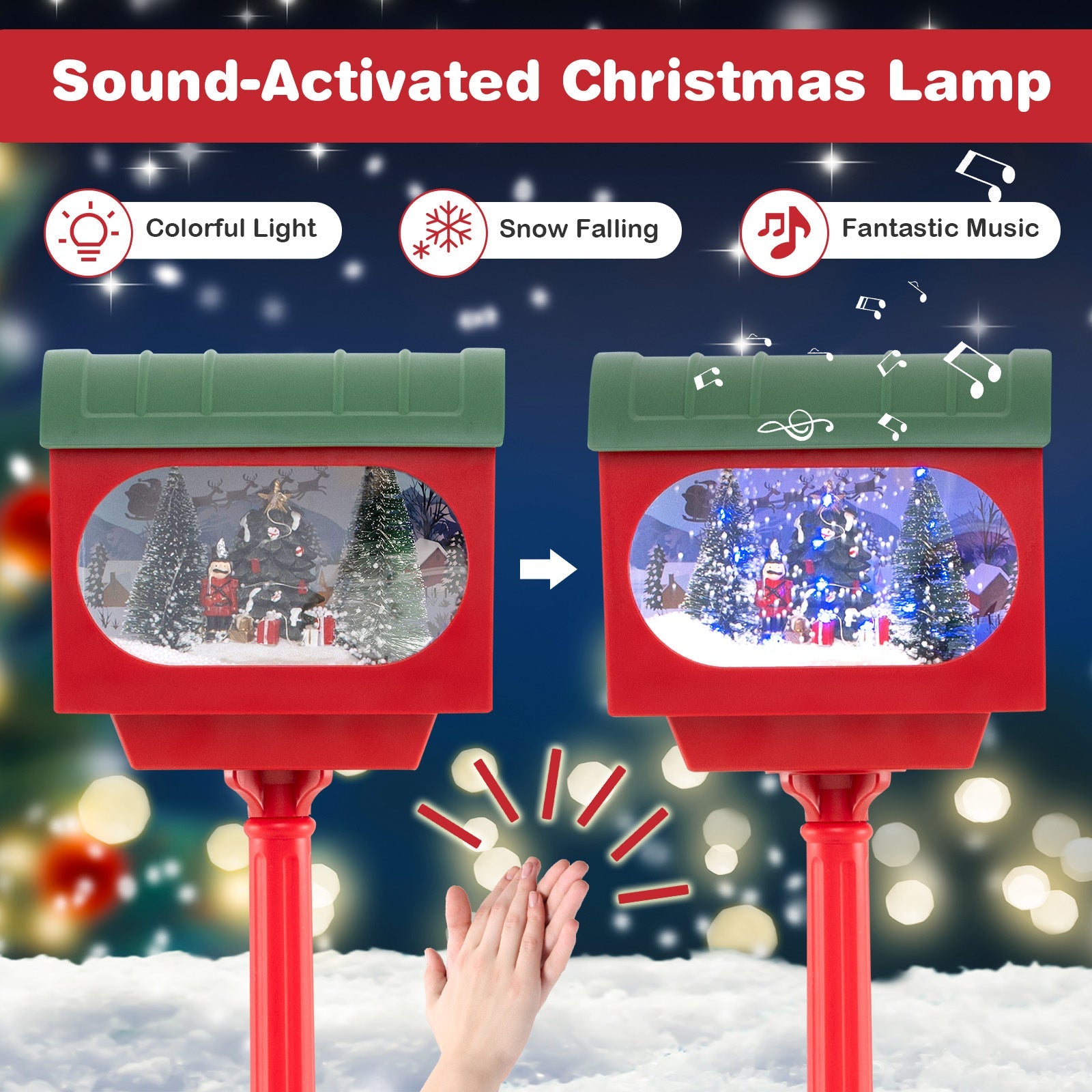 Two red 59-inch Christmas street lamps with green roofs, sound-activated snow globe lanterns on Tampa Home & Garden Store
