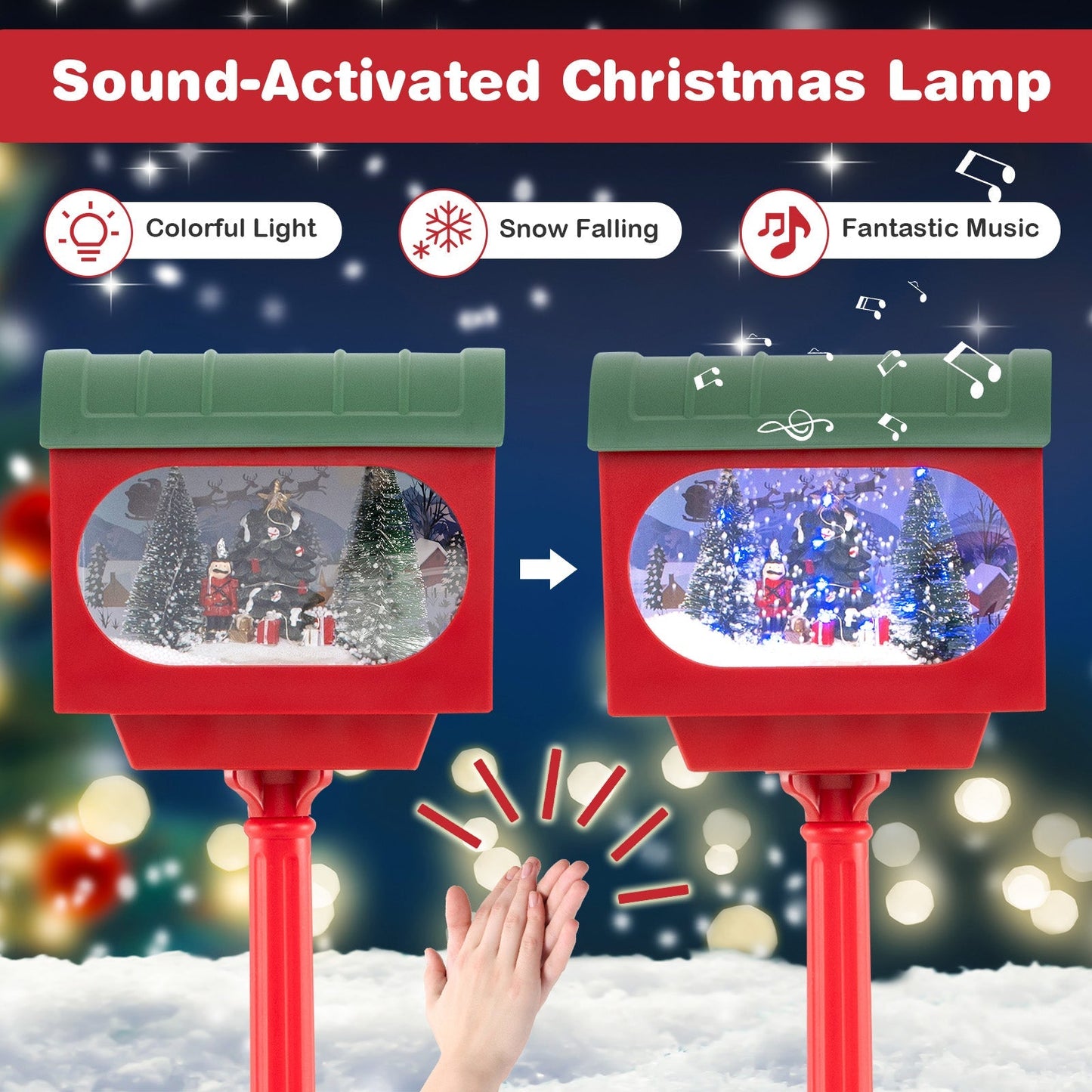 GemGear 59in Christmas Street Lamp red lantern with green roof sound-activated snow globe on Tampa Home & Garden Store