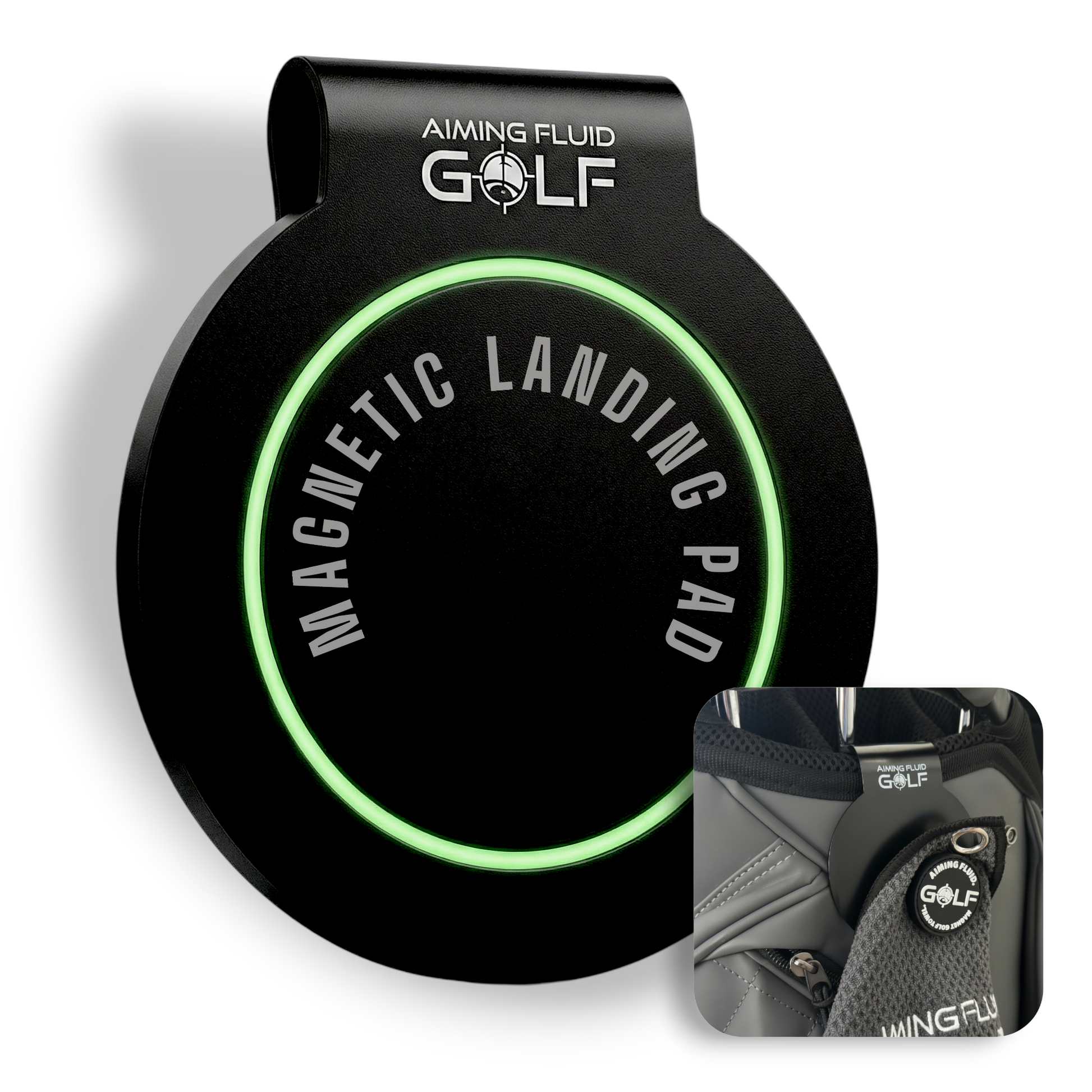 Magnetic Landing Pad black device with green LED ring and Aiming Fluid Golf brand on Tampa Home & Garden Store