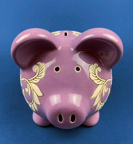 Large Ceramic Piggy Bank. Lavender Colored with Off-White Flowers and Vines. Gift for a Friend, Kid, or Travel Budget. Children's Room Decor - Tampa Home & Garden Store
