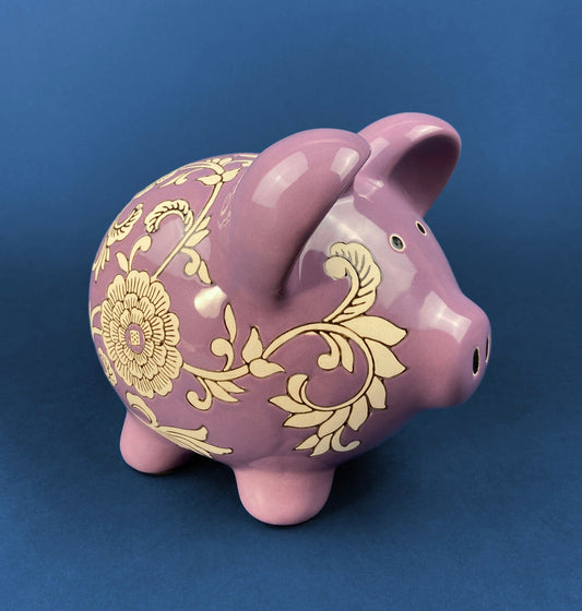 Large Ceramic Piggy Bank. Lavender Colored with Off-White Flowers and Vines. Gift for a Friend, Kid, or Travel Budget. Children's Room Decor - Tampa Home & Garden Store