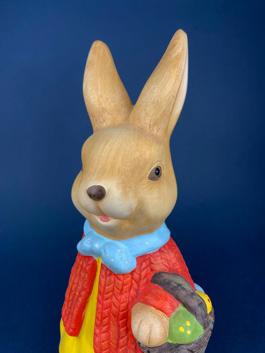 Large Girl Bunny Figurine Carrying Basket with Painted Eggs. Vintage Pottery, Hand Painted Female Rabbit. Easter Decor. Kids Room Decor. - Tampa Home & Garden Store