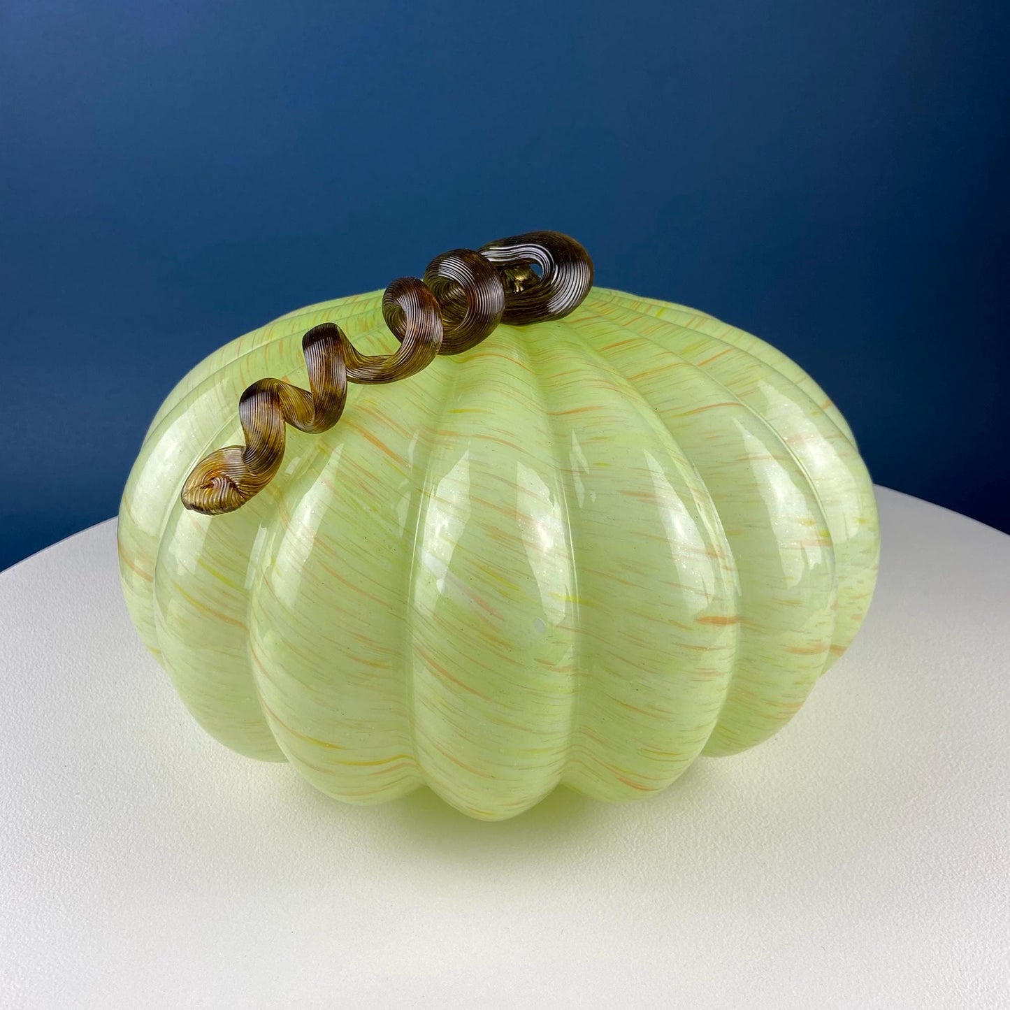 Large Hand Blown Glass Pumpkin. Stunning Lime Yellow Glass Gourd with Brown Stem. Collectible Home Decor for Fall, Halloween, Thanksgiving. - Tampa Home & Garden Store