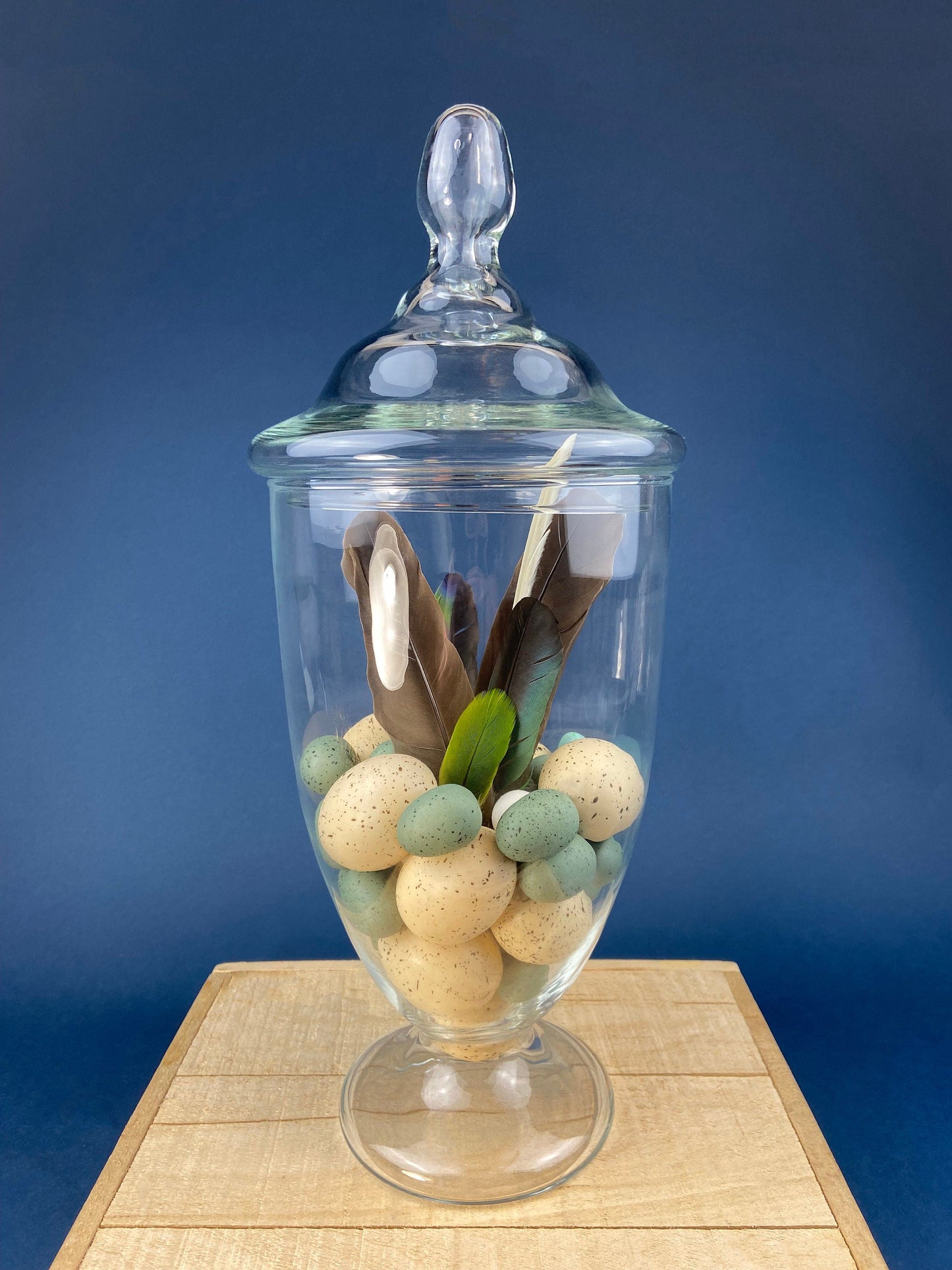 Large Lidded Apothecary with Eggs and Feathers. Alternative Spring/Easter Decor.  Footed, Glass Storage Jar. Table Centerpiece. Shabby Chic. - Tampa Home & Garden Store