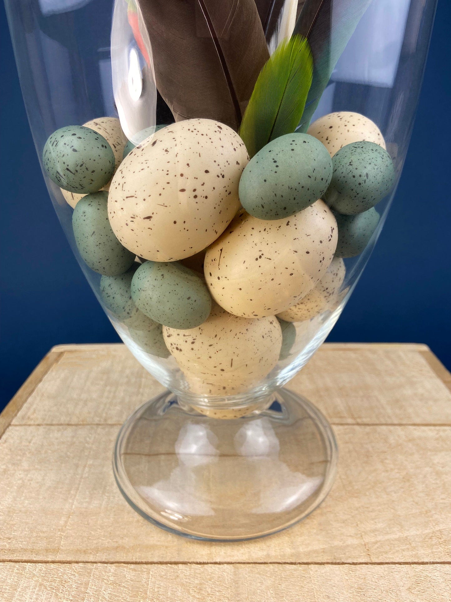 Large Lidded Apothecary with Eggs and Feathers. Alternative Spring/Easter Decor.  Footed, Glass Storage Jar. Table Centerpiece. Shabby Chic. - Tampa Home & Garden Store