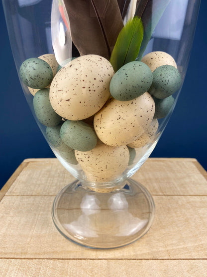 Large Lidded Apothecary with Eggs and Feathers. Alternative Spring/Easter Decor.  Footed, Glass Storage Jar. Table Centerpiece. Shabby Chic. - Tampa Home & Garden Store