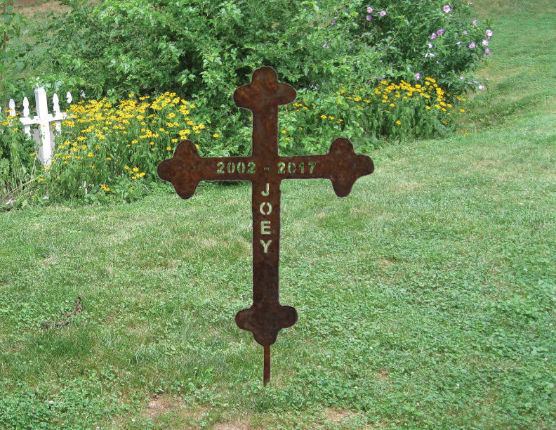Roadside memorial cross, 18in rusted metal lawn ornament with 2002-2017 JOEY on Tampa Home & Garden Store