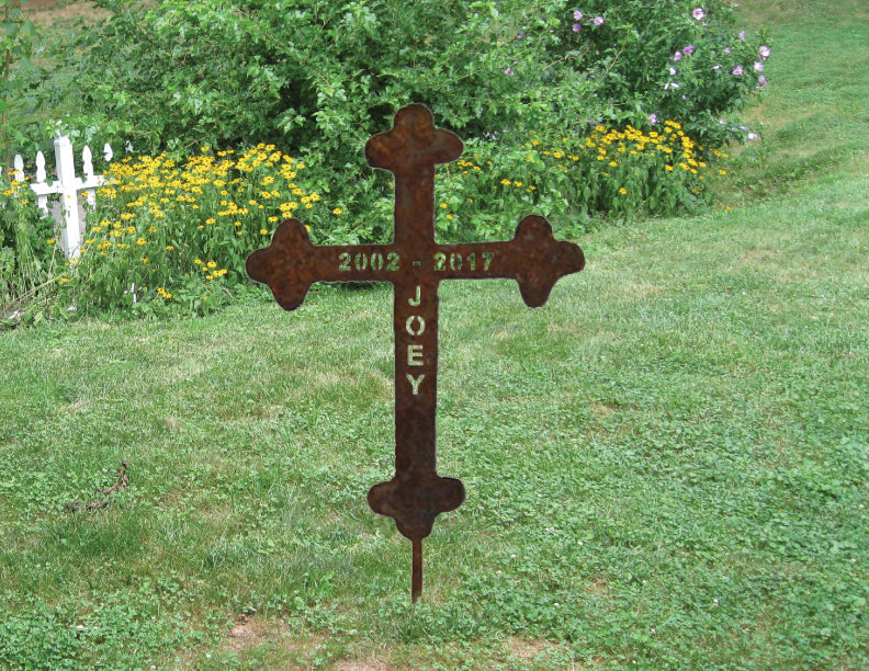 Memorial Cross garden sculpture, 25 inches tall, rusted metal with fleur-de-lis ends on Tampa Home & Garden Store
