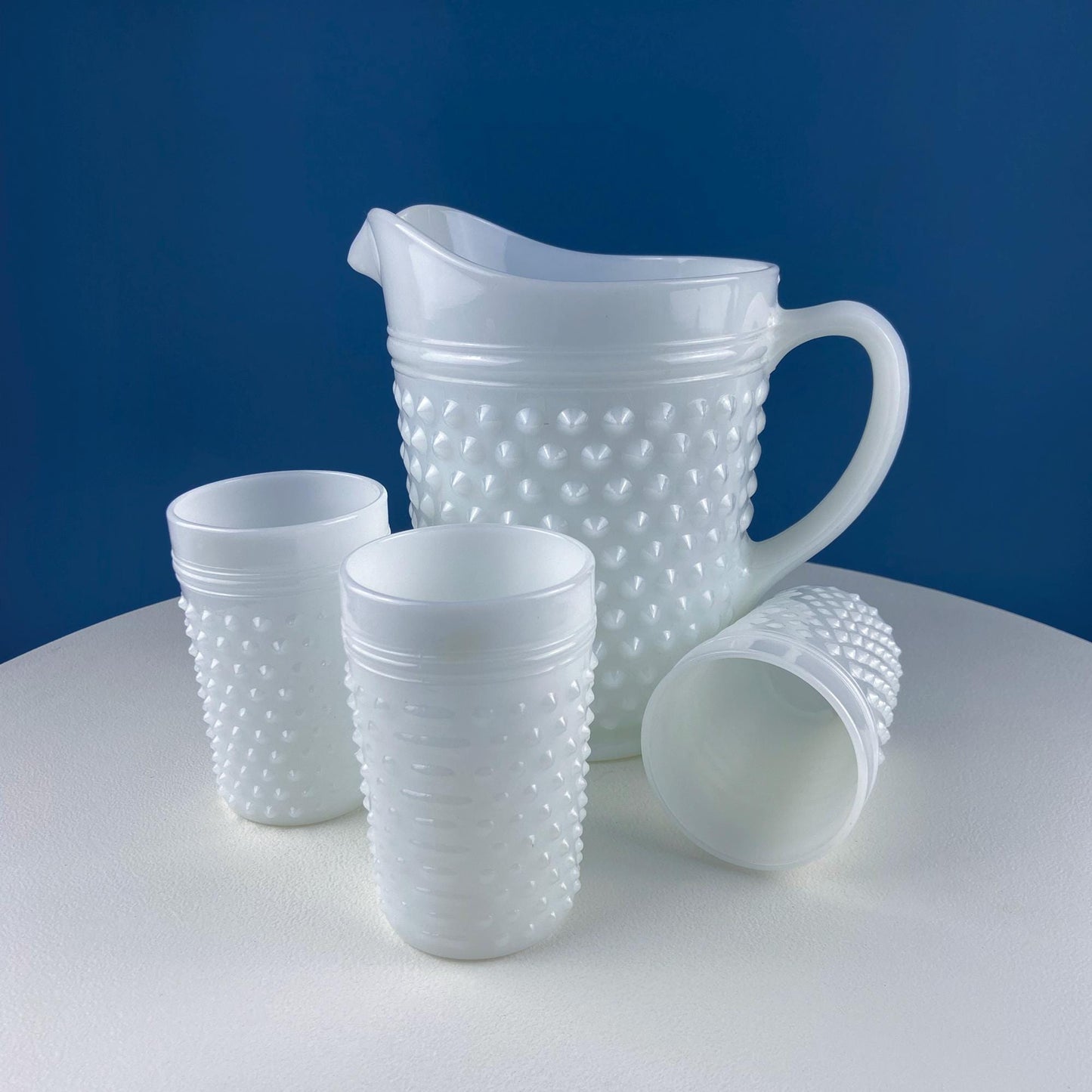 Large Milk Glass Pitcher with Hobnail Pattern and 3 Matching Tall Glasses. Juice Punch Milk Water Jug. Dining Room Decor. Lemonade Stand. - Tampa Home & Garden Store