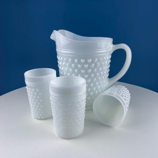 Large Milk Glass Pitcher with Hobnail Pattern and 3 Matching Tall Glasses. Juice Punch Milk Water Jug. Dining Room Decor. Lemonade Stand. - Tampa Home & Garden Store