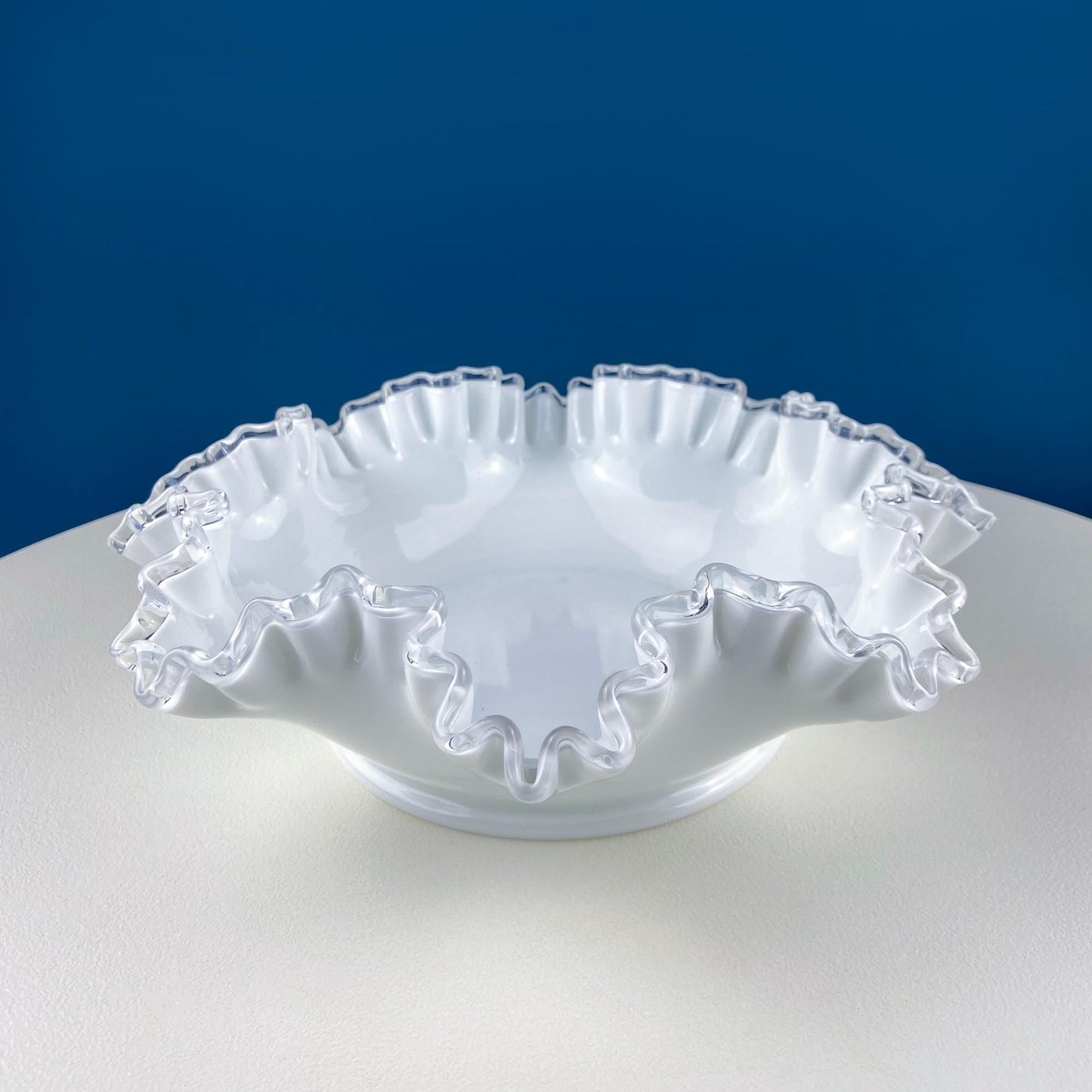Large Silvercrest Bowl with Ruffled Edge. White Glass Fruit Bowl or Serving Dish with Clear Brim. Table Centerpiece. Wedding Gift. - Tampa Home & Garden Store
